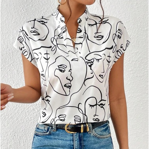 Classic Elegant Pop Art Face Print Top Blouse Shirt White - Picture 1 of 5